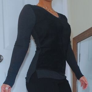 Anthropologie XS Genuine Suede Leather Front Long Sleeve Black Gray Blouse Shirt